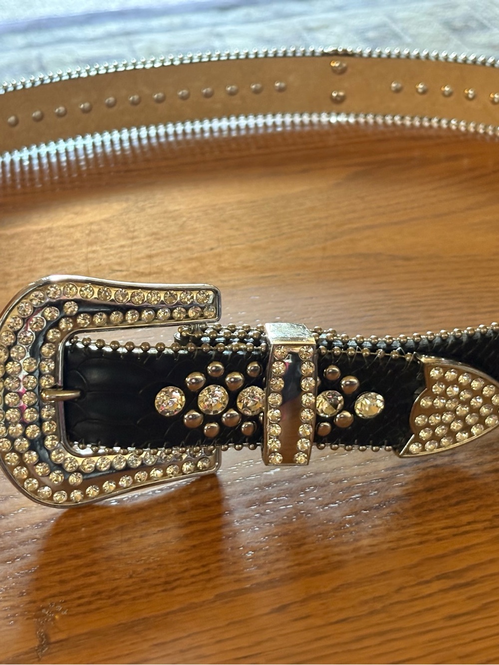 Black Crystal-Embellished Western Buckle Belt
